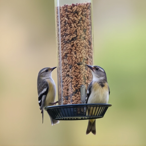Birds feeding from hanging seed feeder