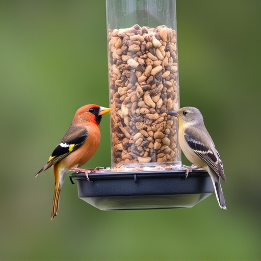 Birds feeding from hanging seed feeder