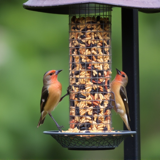 Birds feeding from hanging seed feeder