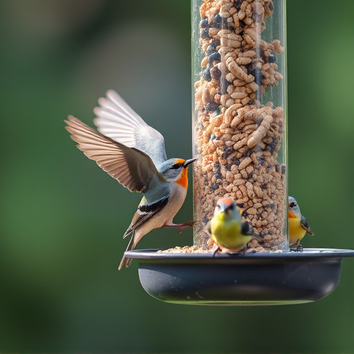 Birds feeding from hanging seed feeder