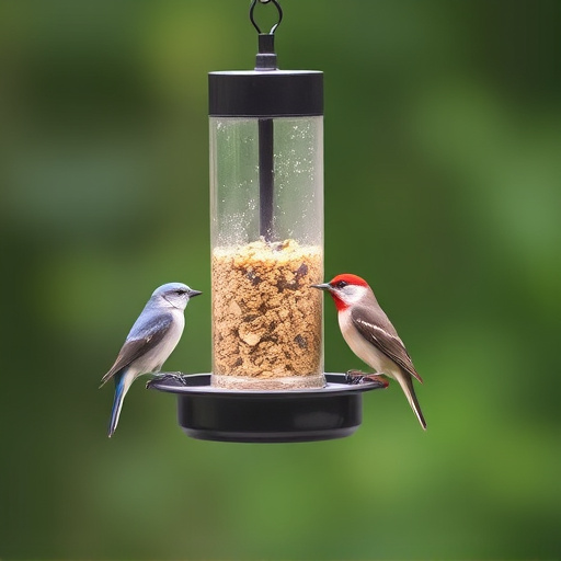 Birds feeding from metal suet dispenser