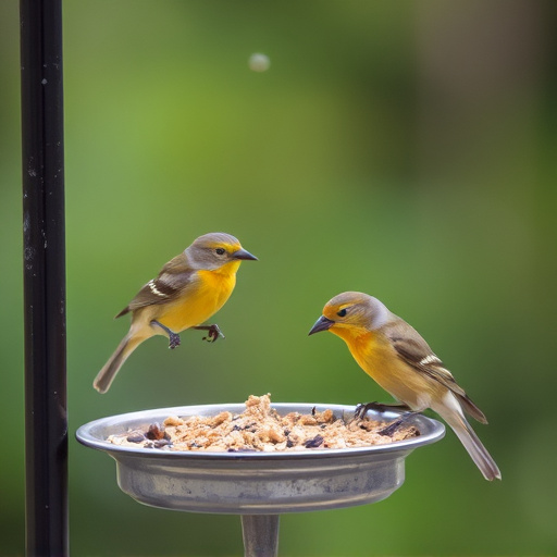 Birds feeding from metal suet dispenser
