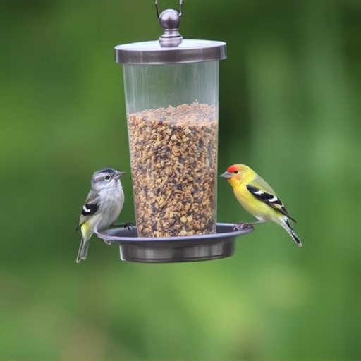Birds feeding from metal suet dispenser