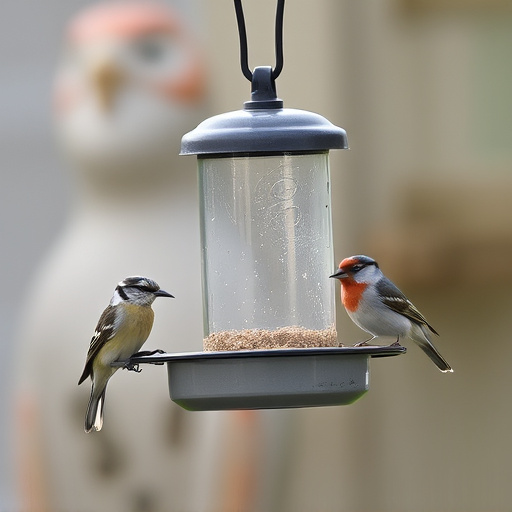 Birds feeding from metal suet dispenser