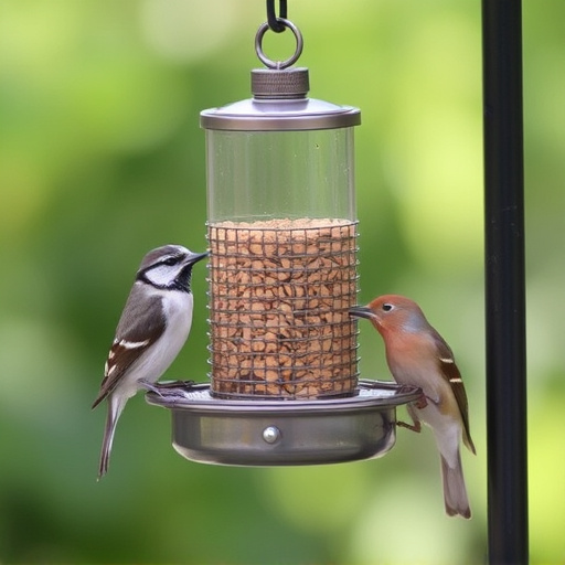 Birds feeding from metal suet dispenser