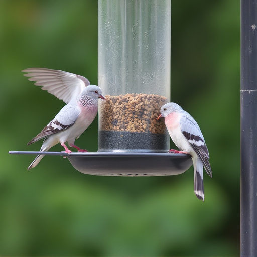 Birds feeding from pigeon-resistant feeder