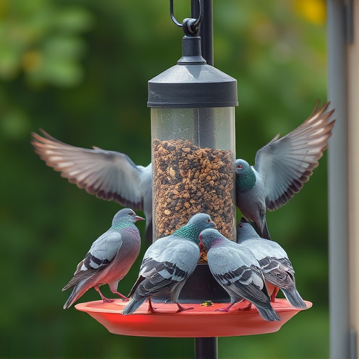 Birds feeding from pigeon-resistant feeder