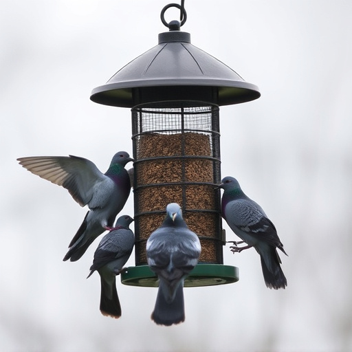 Birds feeding from pigeon-resistant feeder