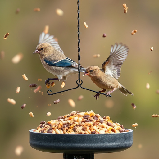 Birds feeding from scattered seed mix