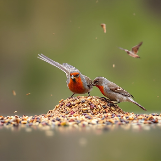 Birds feeding from scattered seed mix