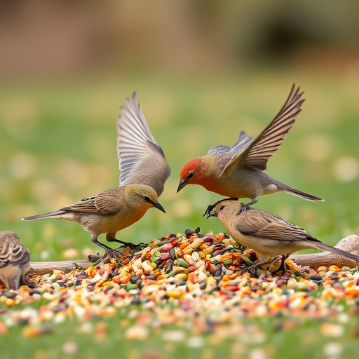 Birds feeding from scattered seed mix
