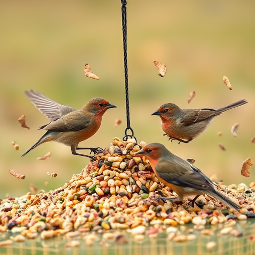 Birds feeding from scattered seed mix