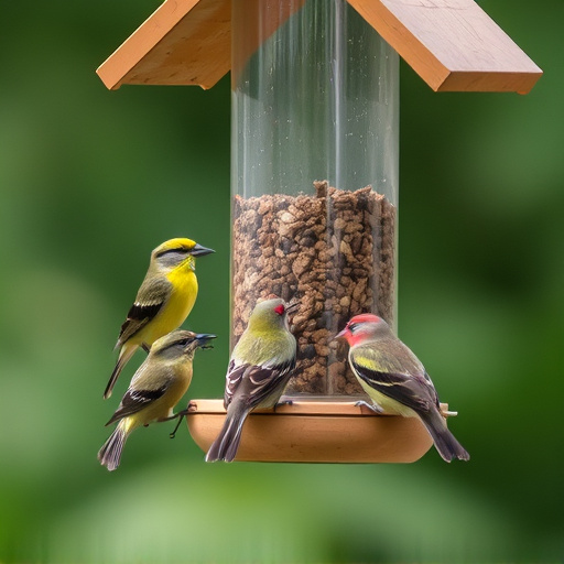 Birds feeding from tidy enclosed feeder