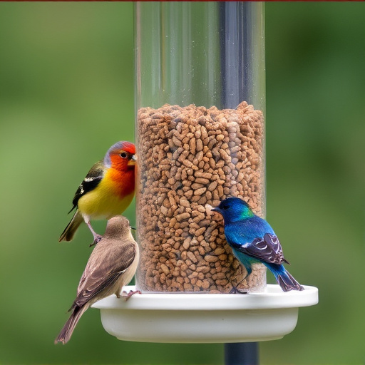 Birds feeding from tidy enclosed feeder