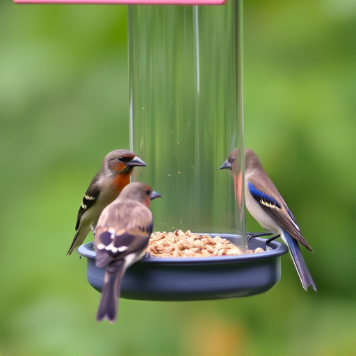 Birds feeding from tidy enclosed feeder