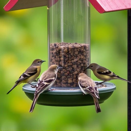 Birds feeding from tidy enclosed feeder