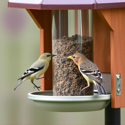 Birds feeding from tidy enclosed feeder