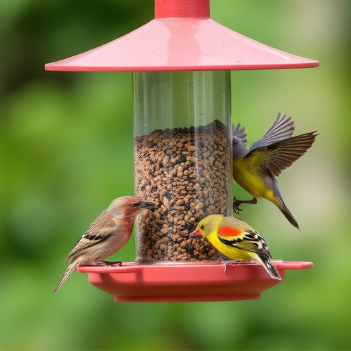 Birds feeding from tidy enclosed feeder