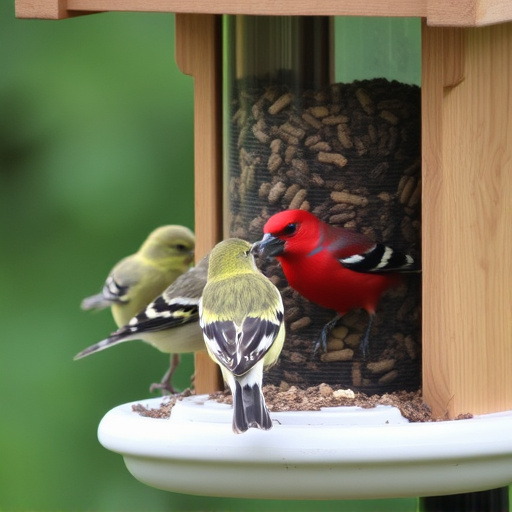 Birds feeding from tidy enclosed feeder