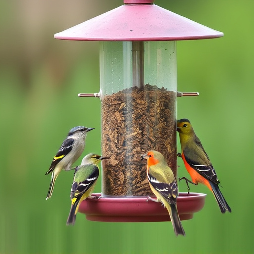 Birds feeding from tidy enclosed feeder