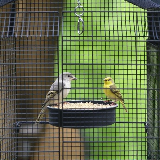 Birds feeding inside squirrel-proof cage