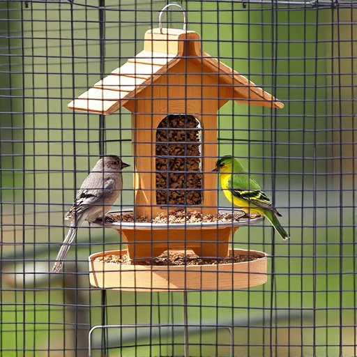 Birds feeding inside squirrel-proof cage