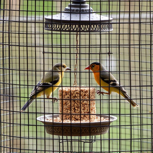 Birds feeding inside squirrel-proof cage