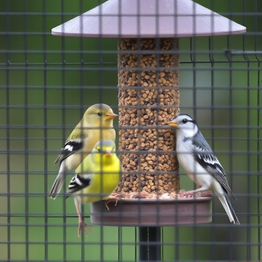 Birds feeding inside squirrel-proof cage