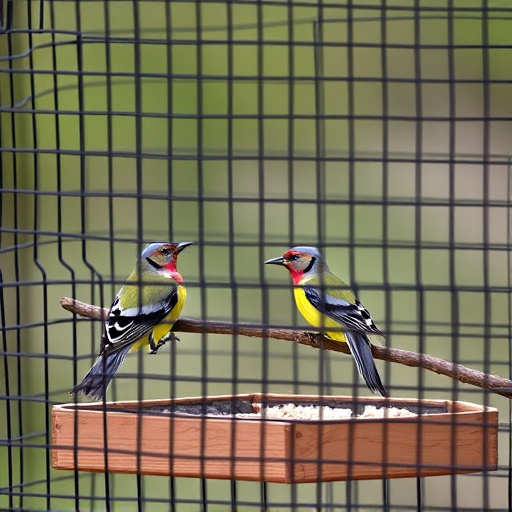 Birds feeding inside squirrel-proof cage