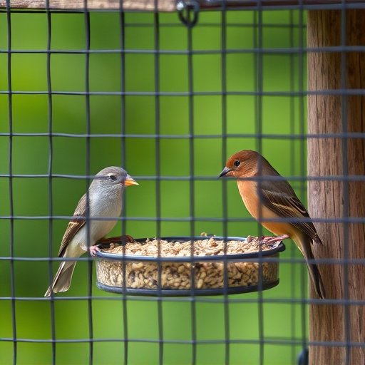 Birds feeding inside squirrel-proof cage