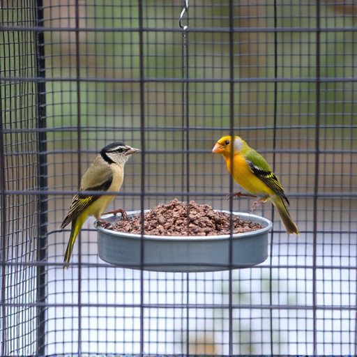 Birds feeding inside squirrel-proof cage
