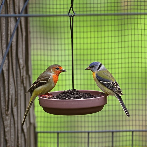 Birds feeding inside squirrel-proof cage