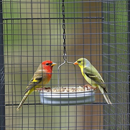 Birds feeding inside squirrel-proof cage