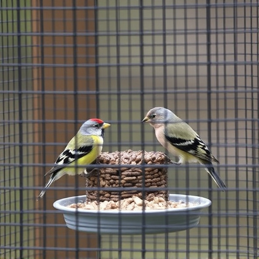 Birds feeding inside squirrel-proof cage