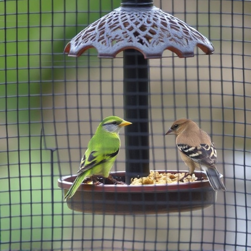 Birds feeding inside squirrel-proof cage