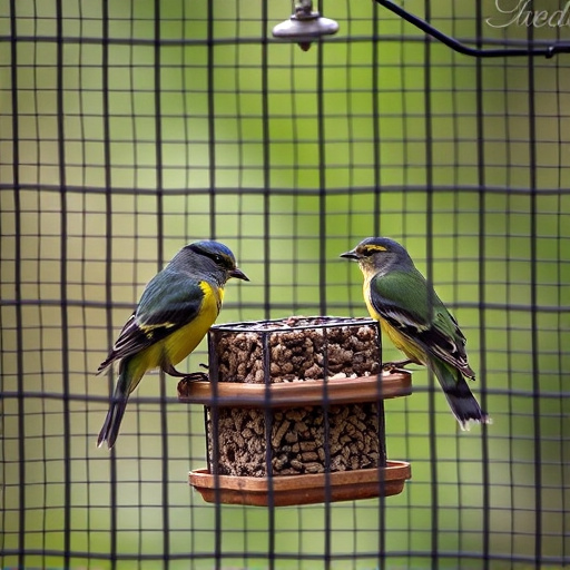 Birds feeding inside squirrel-proof cage