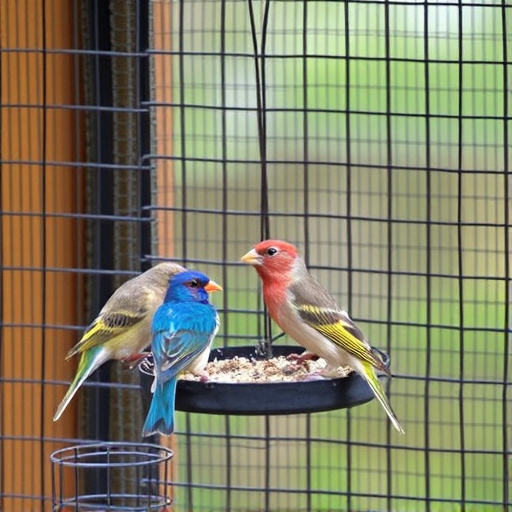 Birds feeding inside squirrel-proof cage