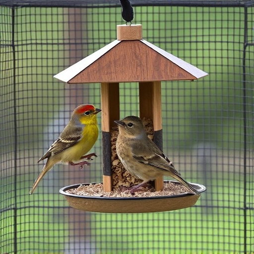 Birds feeding inside squirrel-proof cage
