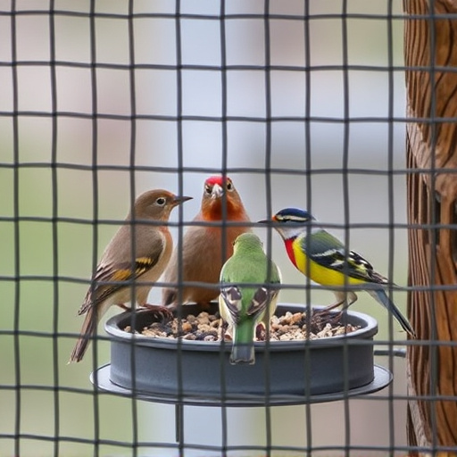 Birds feeding inside squirrel-proof cage