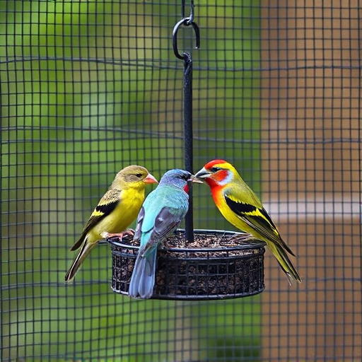 Birds feeding inside squirrel-proof cage
