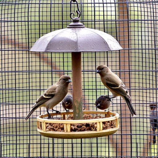 Birds feeding inside squirrel-proof cage