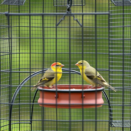 Birds feeding inside squirrel-proof cage