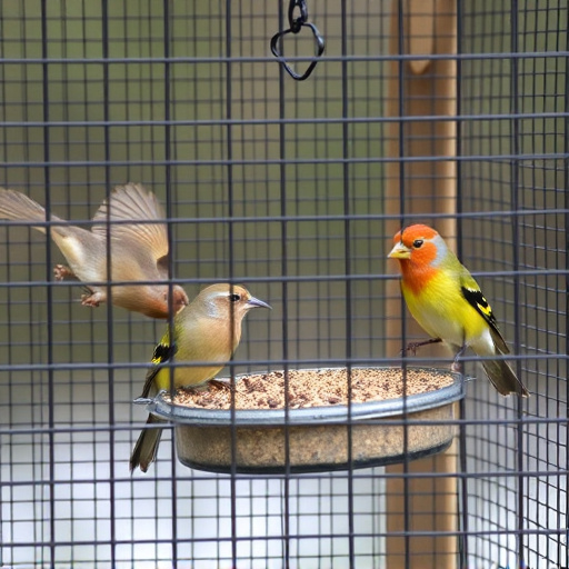 Birds feeding inside squirrel-proof cage