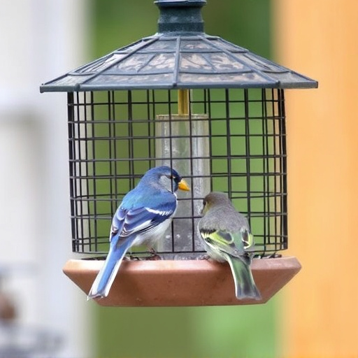 Birds feeding inside squirrel-proof cage