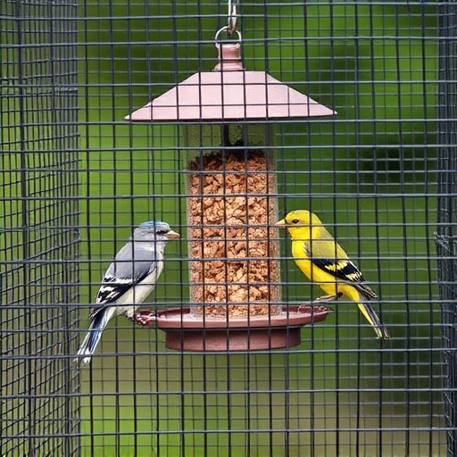 Birds feeding inside squirrel-proof cage
