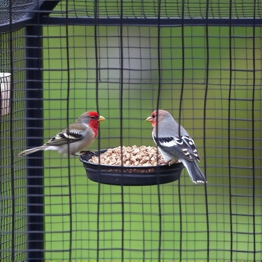 Birds feeding inside squirrel-proof cage