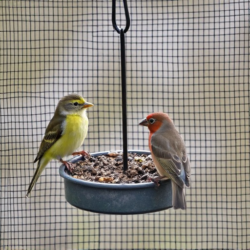 Birds feeding inside squirrel-proof cage