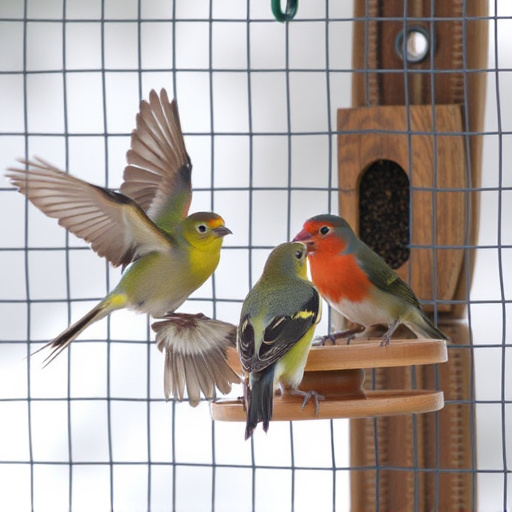 Birds feeding inside squirrel-proof cage