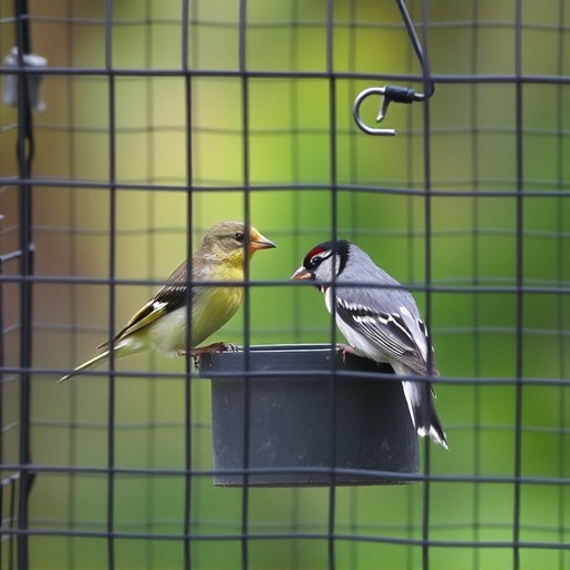 Birds feeding inside squirrel-proof cage