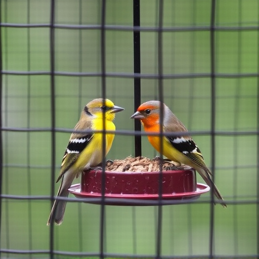 Birds feeding inside squirrel-proof cage